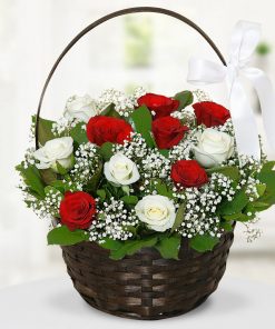 Flower Basket with Red and white Roses